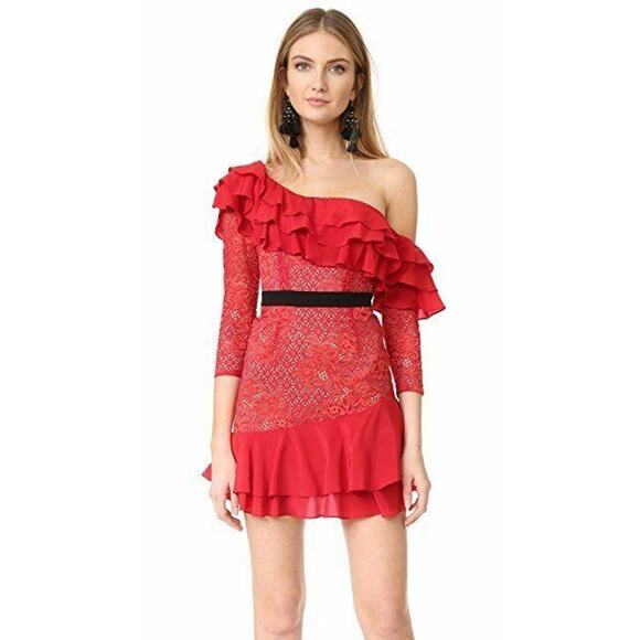 $308 For Love & Lemons Free People Chianti Red Hot Lace Ruffle Dress XS NWT - Picture 2 of 15